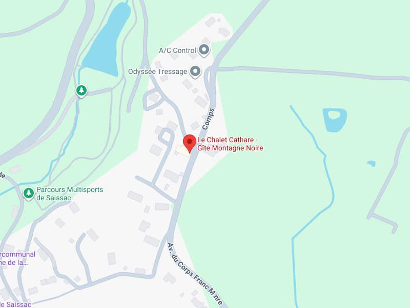 Chalet Cathare Gîte Montagne Noire : Carte et Localisation Carte indiquant l'emplacement du Chalet Cathare - Gîte Montagne Noire près de l'Av. du Corps Franc M.nre, à côté d'Odyssée Tressage et des Parcours Multisports de Saissac.