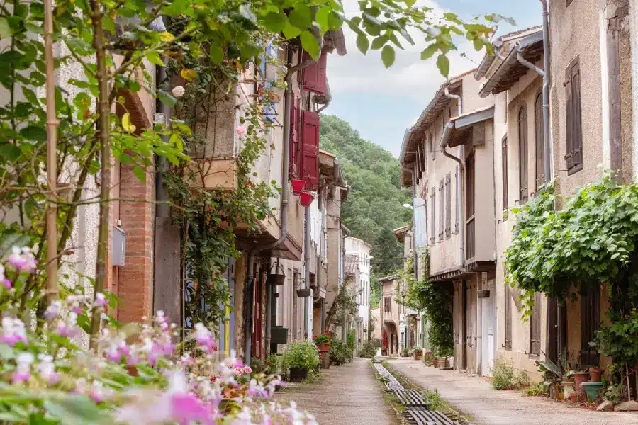 Charmante ruelle fleurie d'un vieux village de montagne Ruelle étroite et fleurie d'un vieux village. Maisons en pierre aux volets rouges, envahies par la végétation. Arrière-plan montagneux.