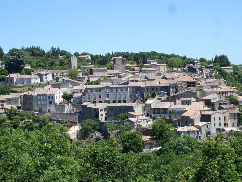 Village médiéval historique en France : toits de tuiles et tours. Vue panoramique d'un village médiéval perché. Maisons en pierre grise aux toits de tuiles, dominées par deux tours sous ciel bleu.