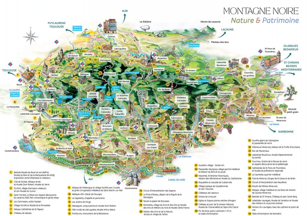 Montagne Noire : Carte touristique Nature & Patrimoine. Carte de la Montagne Noire (Nature & Patrimoine) reliant Toulouse, Castres, Carcassonne, Narbonne. 45 sites patrimoniaux et naturels illustrés.